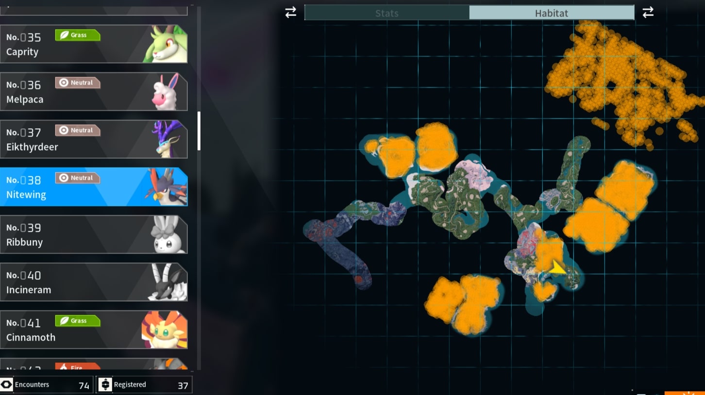 Captura de pantalla de Palworld del mapa de hábitos de Nitewing