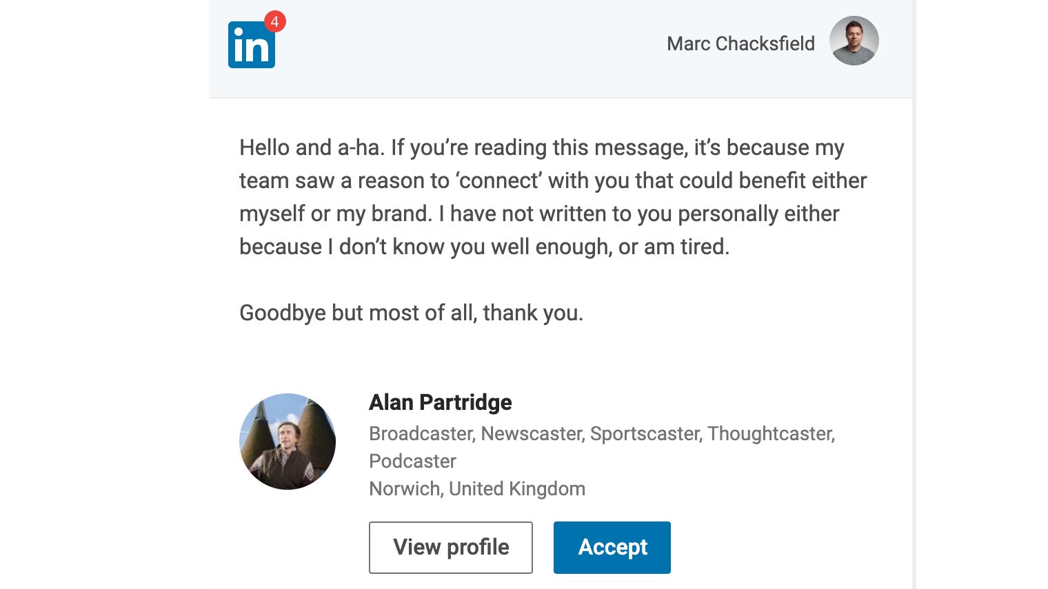 Alan Partridge's LinkedIn profile is an absolute joy