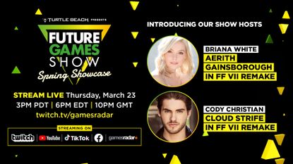 The poster for the Future Games Show Spring showcase, showing the two hosts, Briana White and Cody Christian.