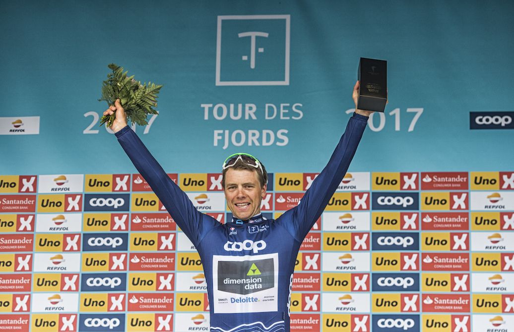 Edvald Boasson Hagen on the final podium at the Tour des Fjords