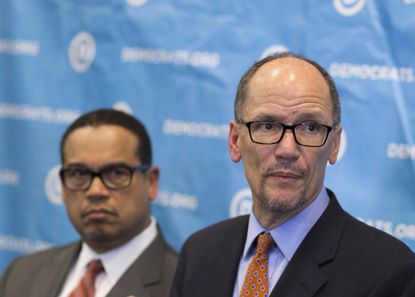 Newly elected Democratic National Committee Chairman Tom Perez, right, and Rep. Keith Ellison, who was named deputy chairman