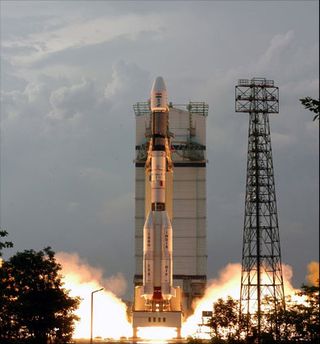 An Indian Geostationary Satellite Launch Vehicle (GSLV) lifting off.