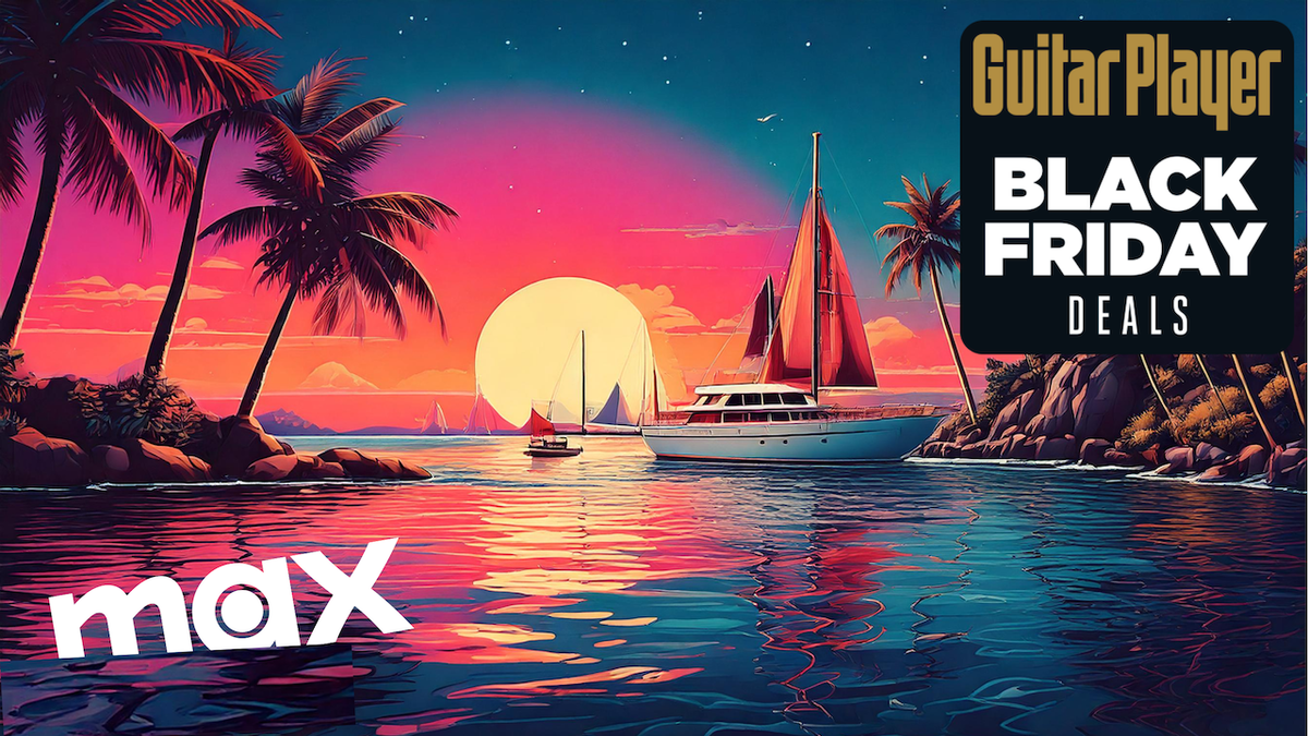 An idealised Yacht rock scene, with a yacht in a bay as the sun goes down and the Max logo sinking into the water