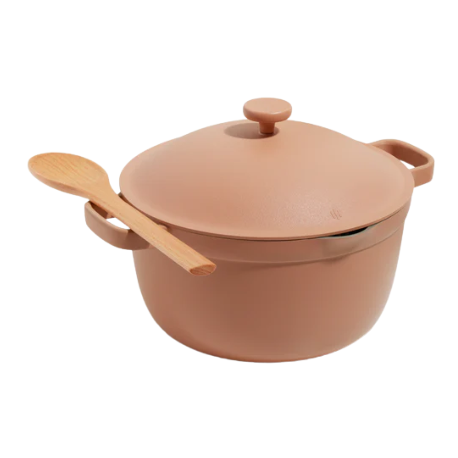 A orange-beige cooking pot with a wooden ladle