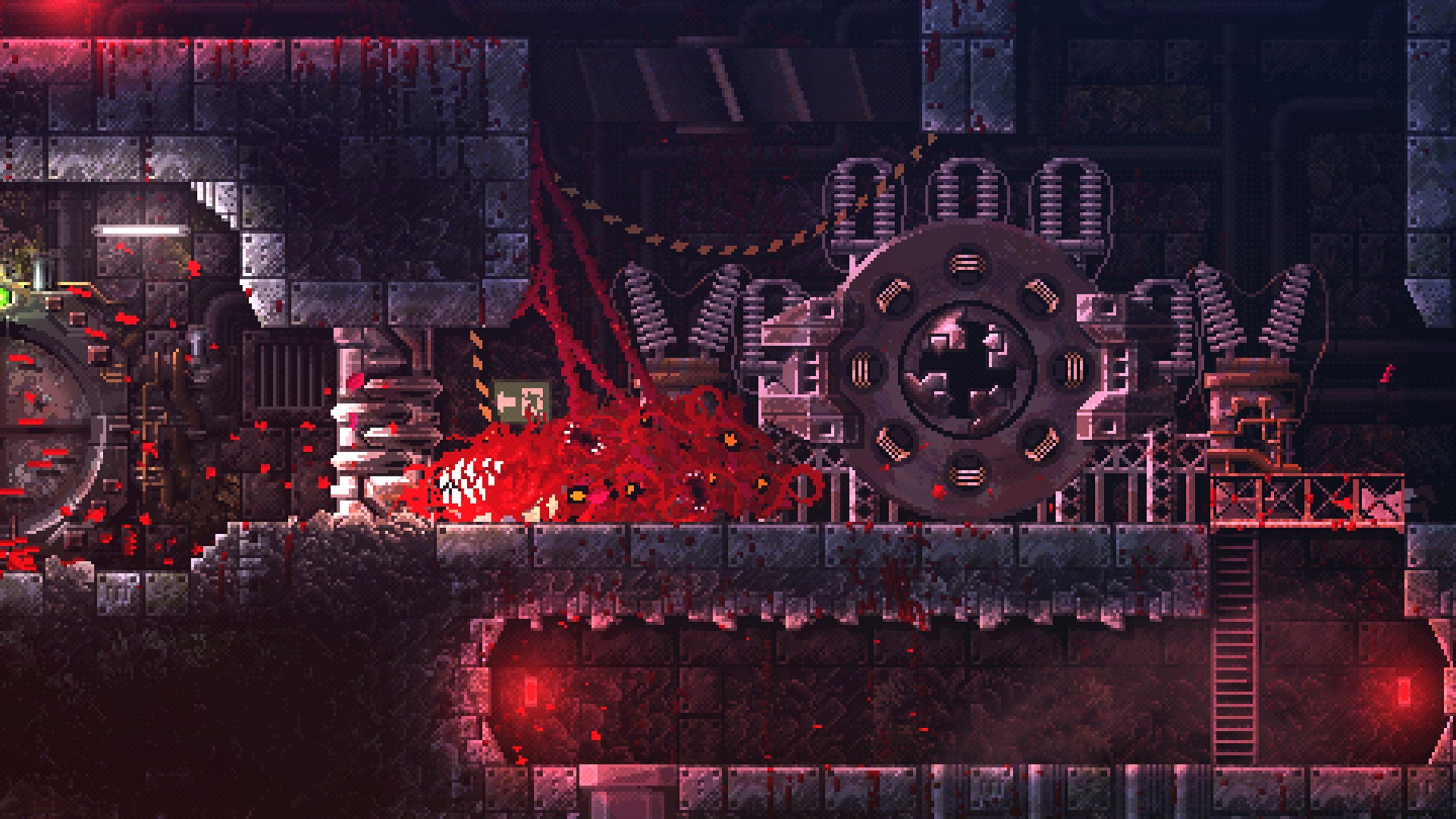 Promotional screenshot of the protagonist 'creature' moving about in Carrion.