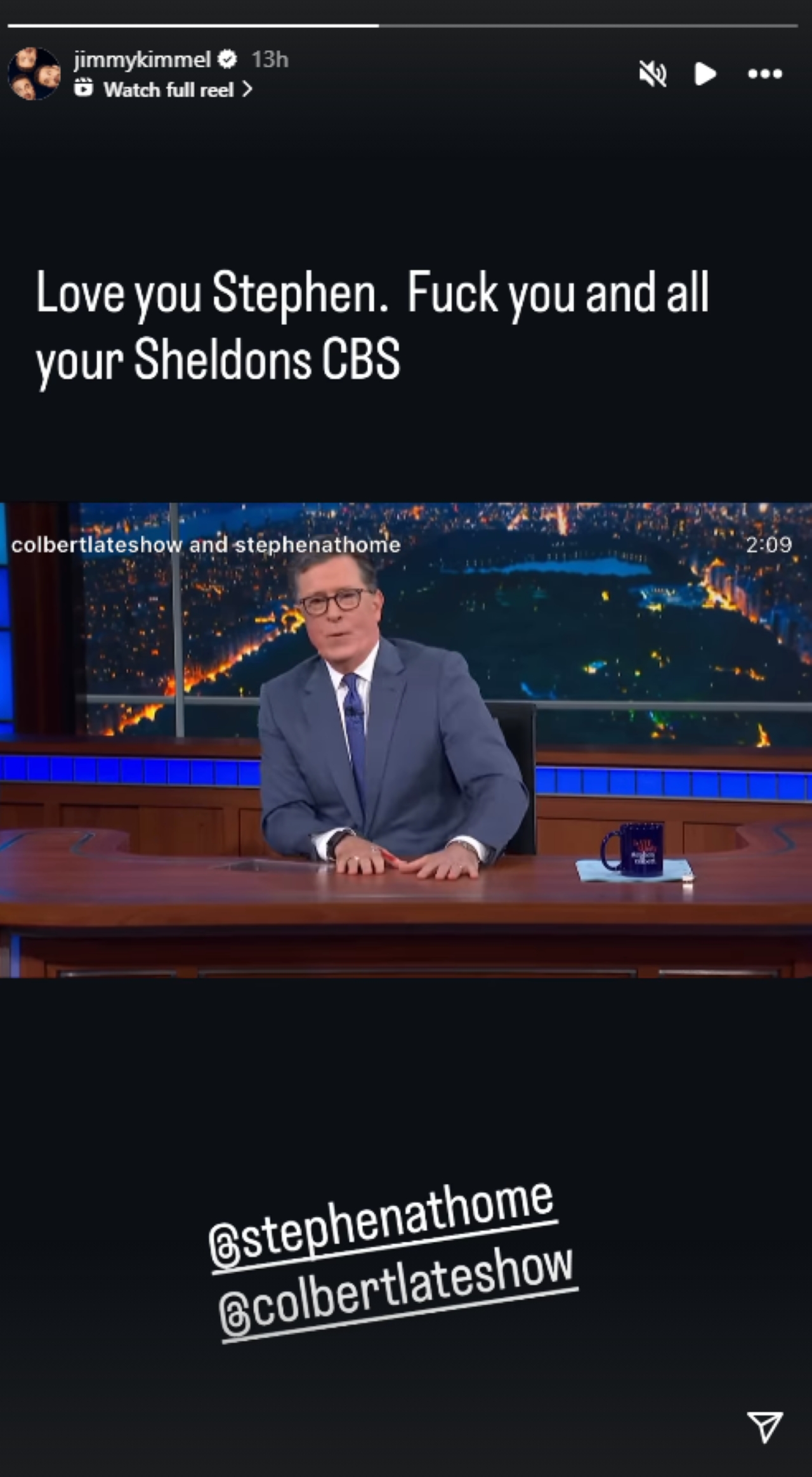 Jimmy Kimmel loving Stephen Colbert, and hating on CBS on Instagram