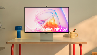 Samsung ViewFinity S9 on a desk in a bedroom