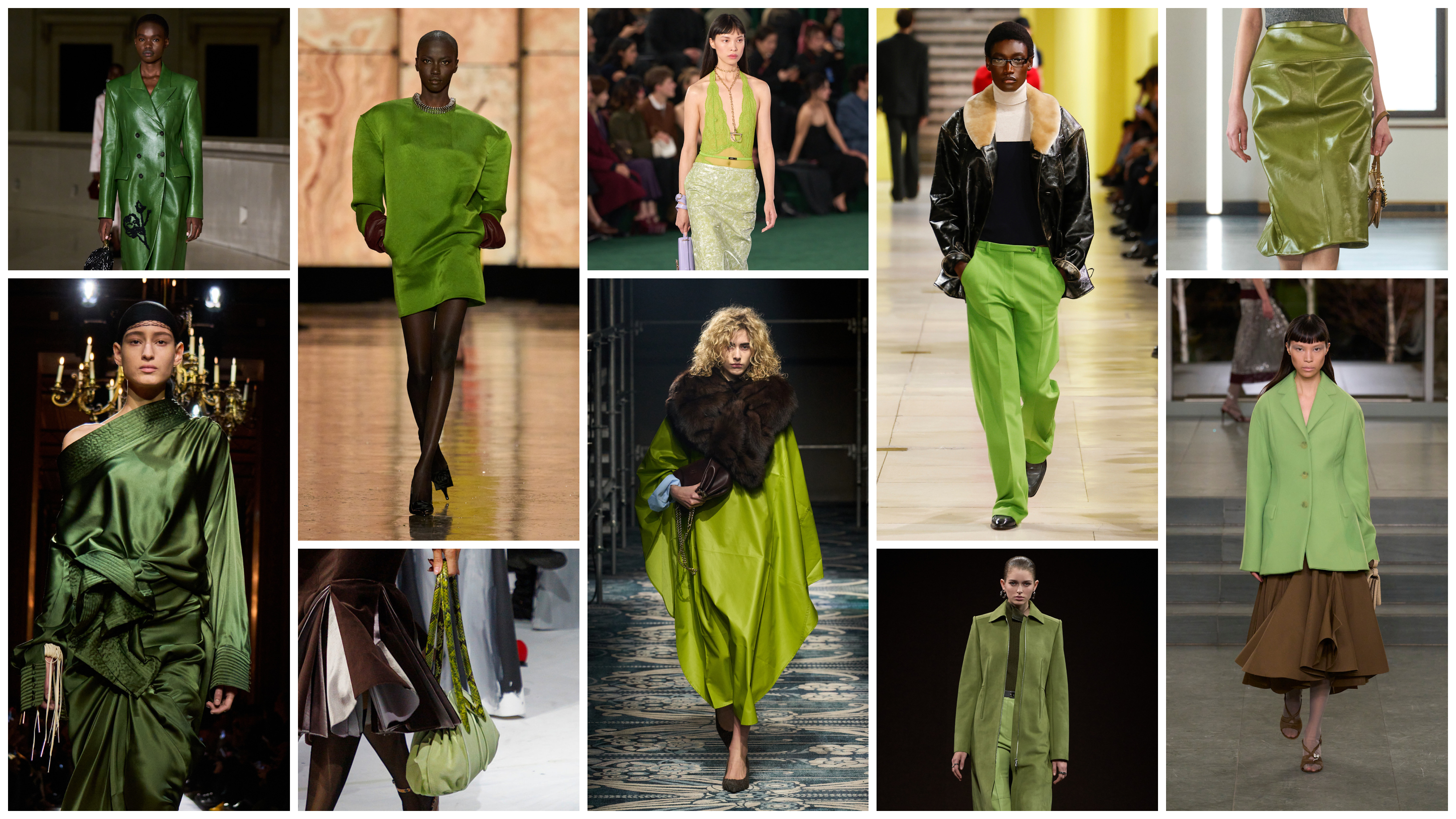 the green fall 2025 color trend at Erdem, Dries Van Noten, Saint Laurent, Marni, Gucci, Prada, Miu Miu, Hermès, Bally, Tory Burch