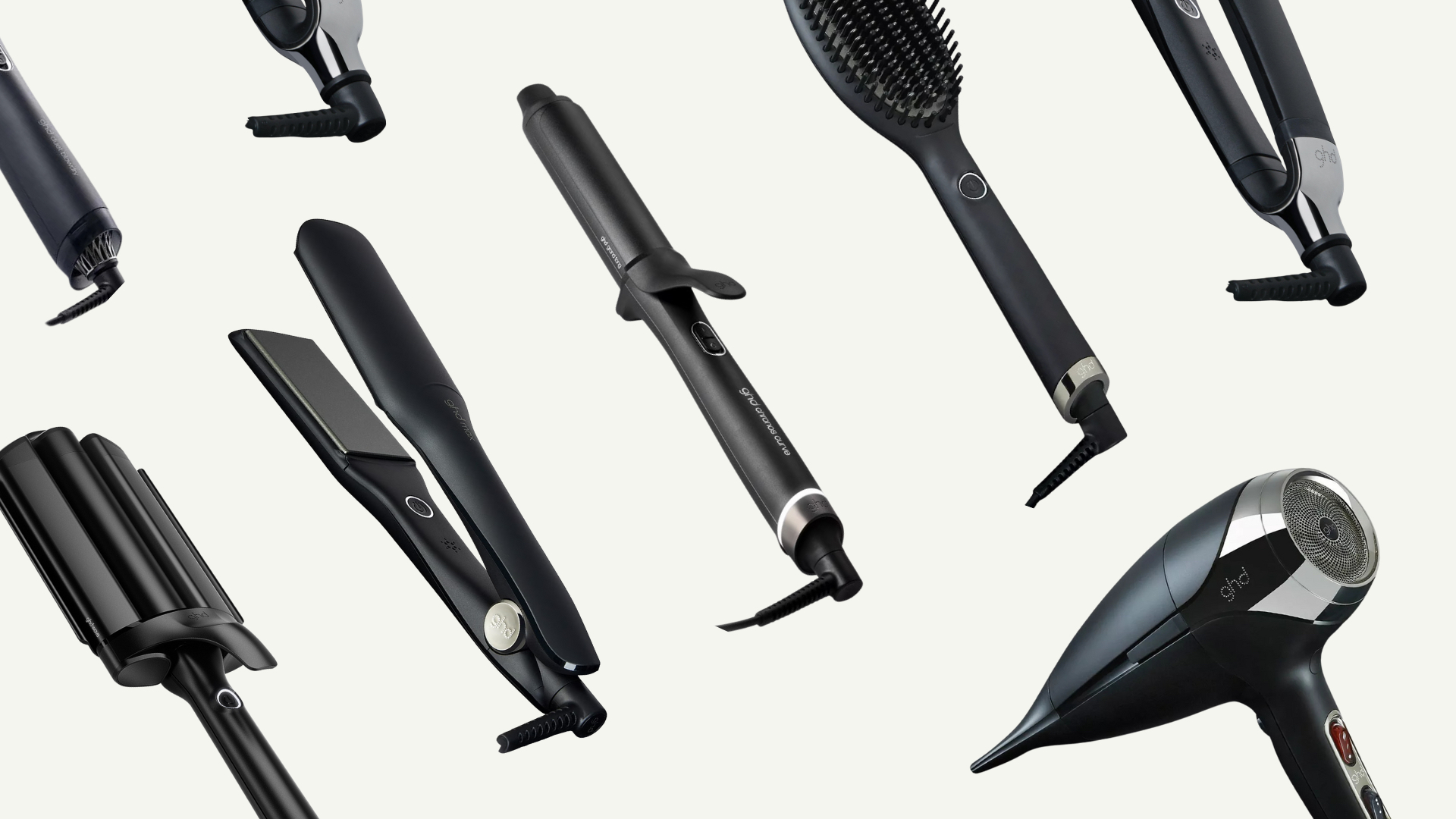 A collage of various ghd tools at a diagonal angle against an off-white background