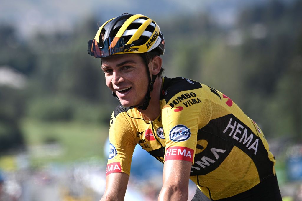 MEGEVE FRANCE AUGUST 16 Arrival Sepp Kuss of The United States and Team Jumbo Visma Celebration during the 72nd Criterium du Dauphine 2020 Stage 5 a 1535km stage from Megeve to Megeve 1458m dauphine Dauphin on August 16 2020 in Megeve France Photo by AnneChristine PoujoulatPool via Getty Images