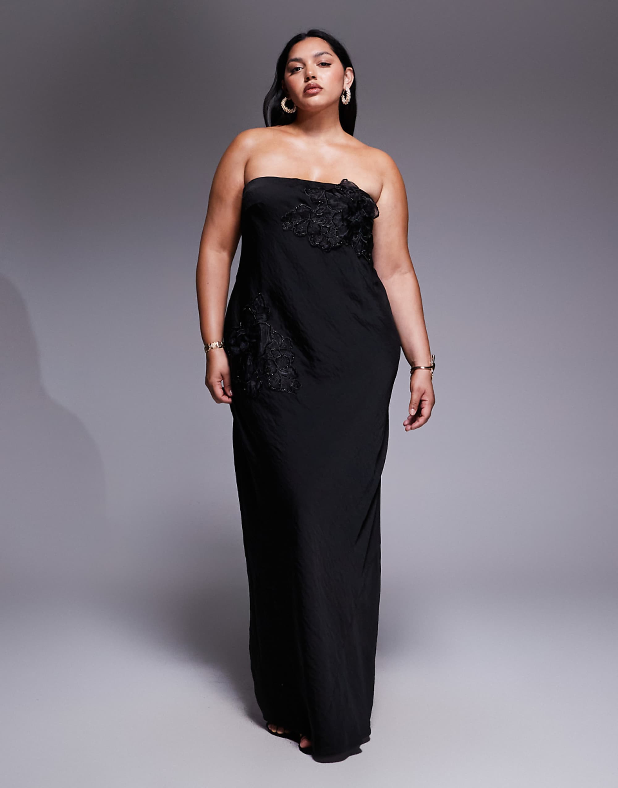 Asos Design Curve Bandeau Flower Applique Midaxi Dress in Black