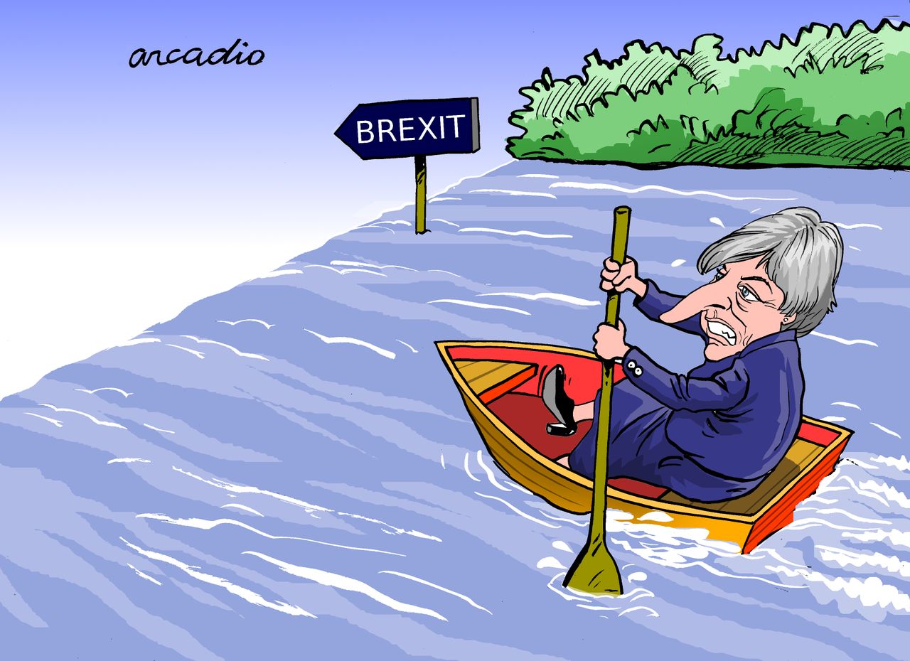 Political Cartoon World Theresa May in the Brexit abyss