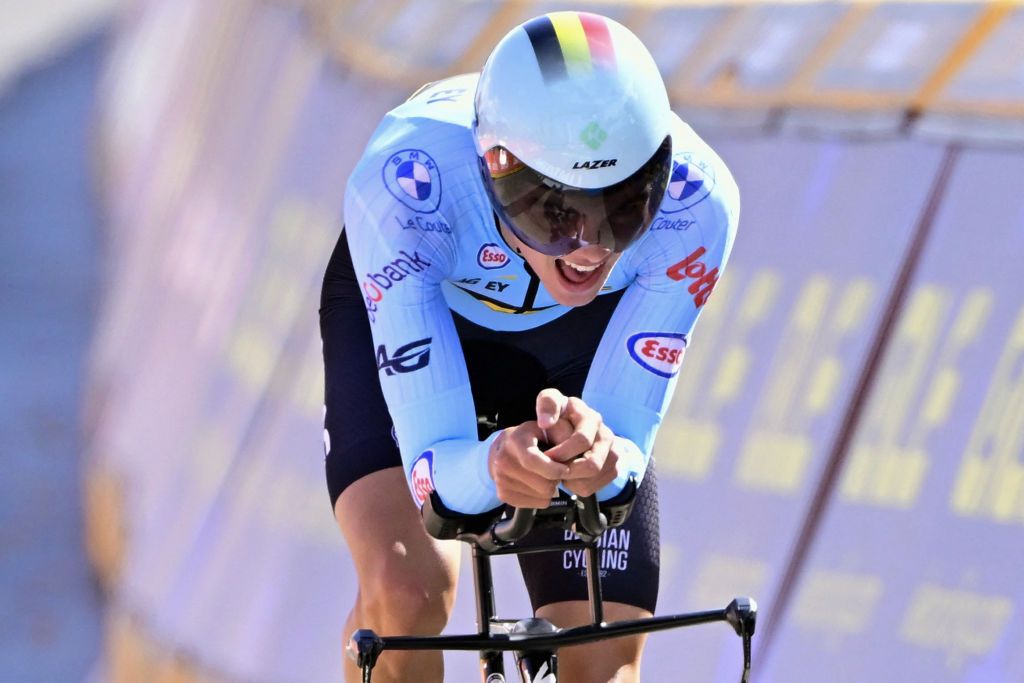 Belgium's Jasper Schoofs cycles during the junior men's time trial at the UEC Road Cycling European Championships, in Hasselt, on September 11, 2024. (Photo by DIRK WAEM / Belga / AFP) / Belgium OUT