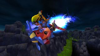 Jak and Daxter PC port screenshot from OpenGOAL showing the titular characters soaring through the night on an orange rocket