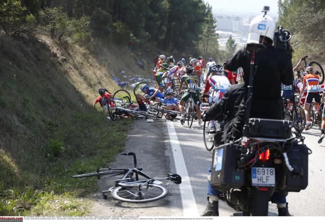 The scene of the big crash in the women's race