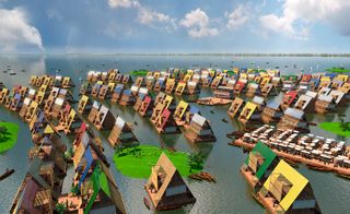 Lots of wooden floating structures on a river