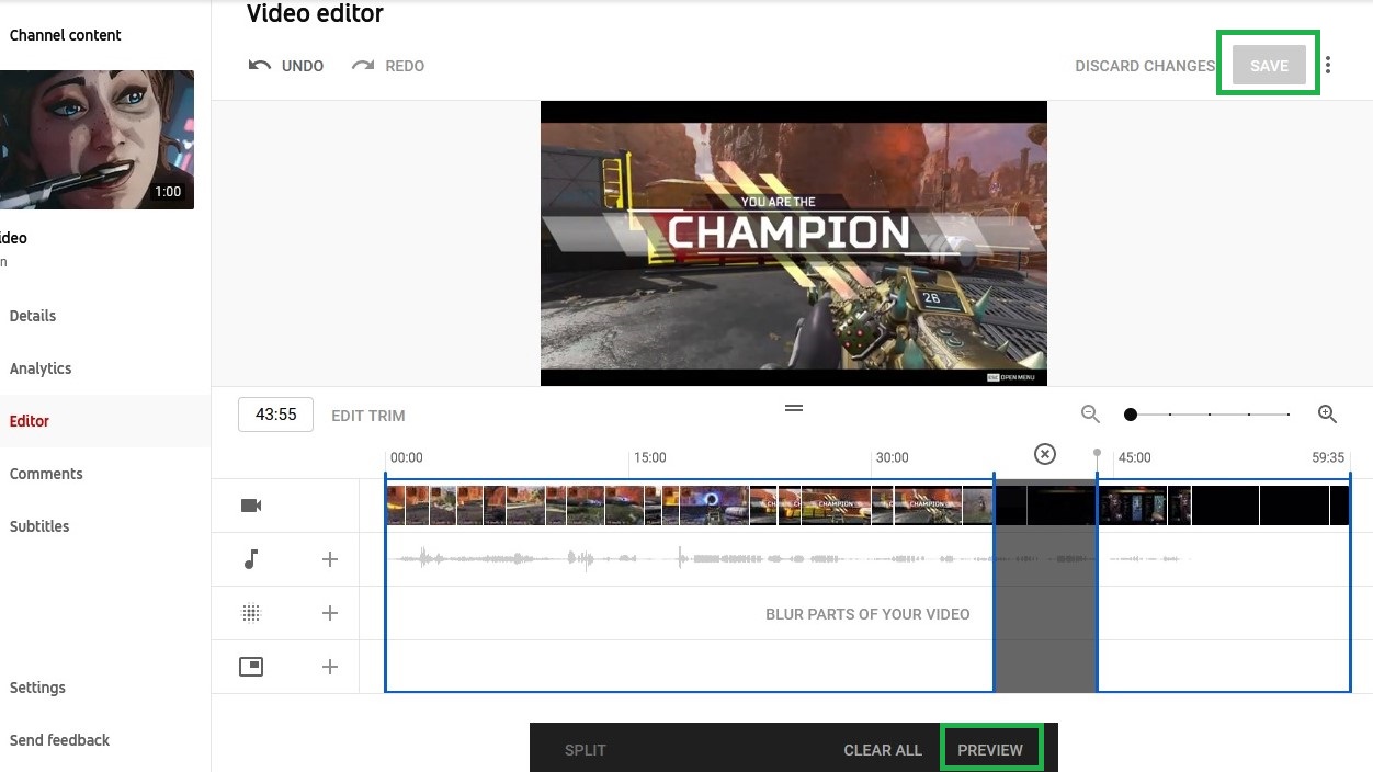 How to edit videos on YouTube step 6: Drag one vertical blue line across to the other.  Click 