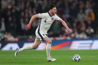 Declan Rice on the ball for England against Albania in March 2026.