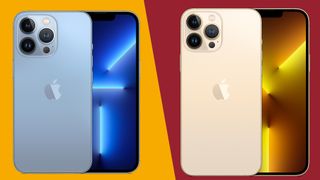 iPhone 13 Pro and iPhone 13 Pro Max against a yellow and red background