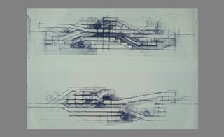 An abstract sketch on white paper photographed against a grey background
