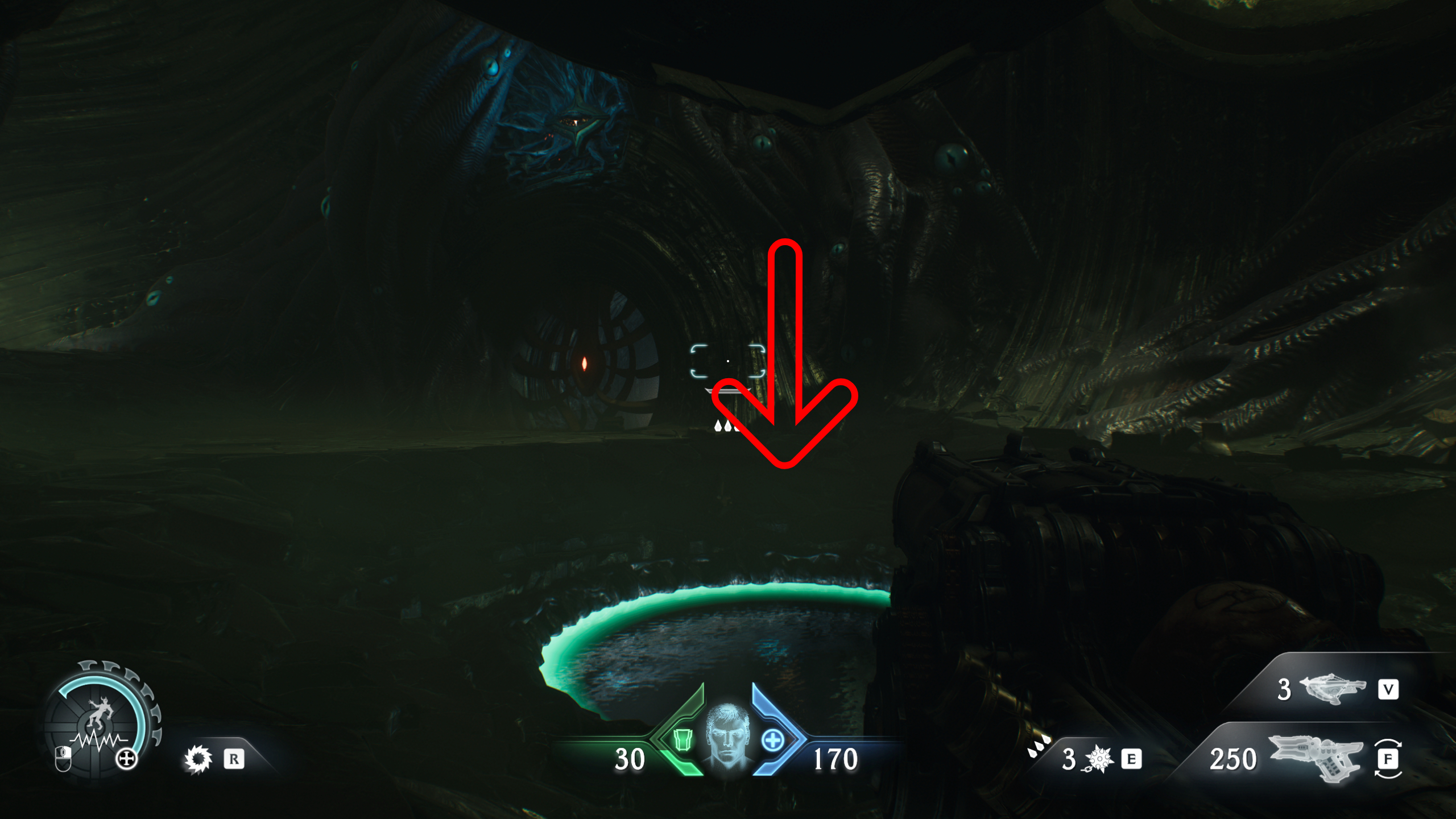 Doom: The Dark Ages Chapter 15 secrets collectibles City of Ry'uul - An arrow pointing down into a water tunnel hidden beneath a lift.