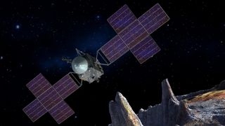 Artist’s concept illustration depicting the spacecraft of NASA’s Psyche mission near the mission’s target, the metal asteroid Psyche.