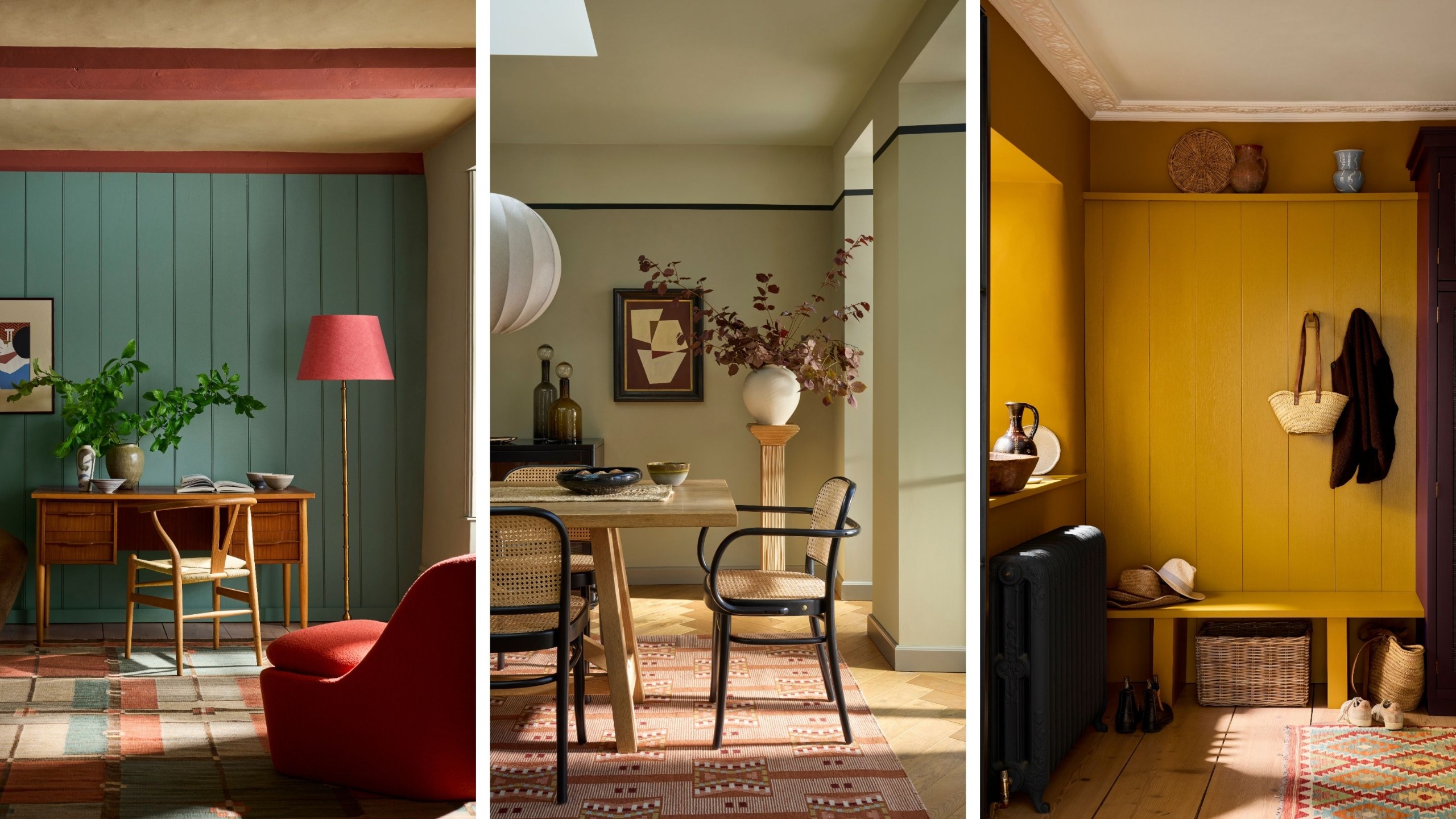 A living room with teal walls and pink painted beams with a desk and chair, in the middle, a sage green dining room with cane chairs and a wooden table, and to the right, a mustard yellow boot room.