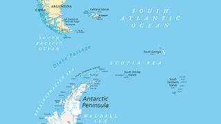 We see a map showing the southern tip of South America and the Antarctic Peninsula. Between them is the Drake Passage.