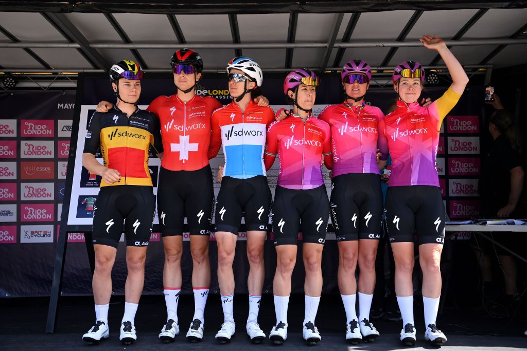 MALDON ENGLAND MAY 27 Chantal Van Den Broek Blaak of Netherlands Christine Majerus of Luxembourg Elena Cecchini of Italy Lonneke Uneken of Netherlands Marlen Reusser of Switzerland Lotte Kopecky of Belgium and Team SD Worx during the team presentation prior to the 5th RideLondon Classique 2022 Stage 1 a 1365km stage from Maldon to Maldon RideLondon UCIWWT on May 27 2022 in Maldon England Photo by Justin SetterfieldGetty Images