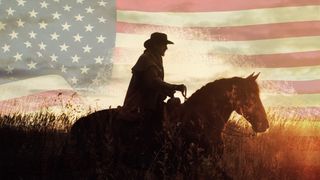 cowboy on horse in front of American flag