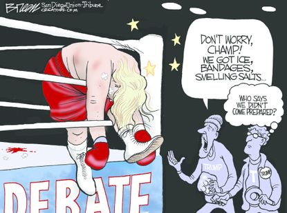 Political cartoon U.S. 2016 election Donald Trump debate prep