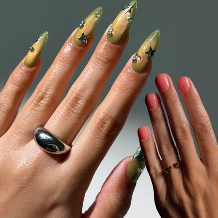 Photo collage of summer nail color trends on a gray background