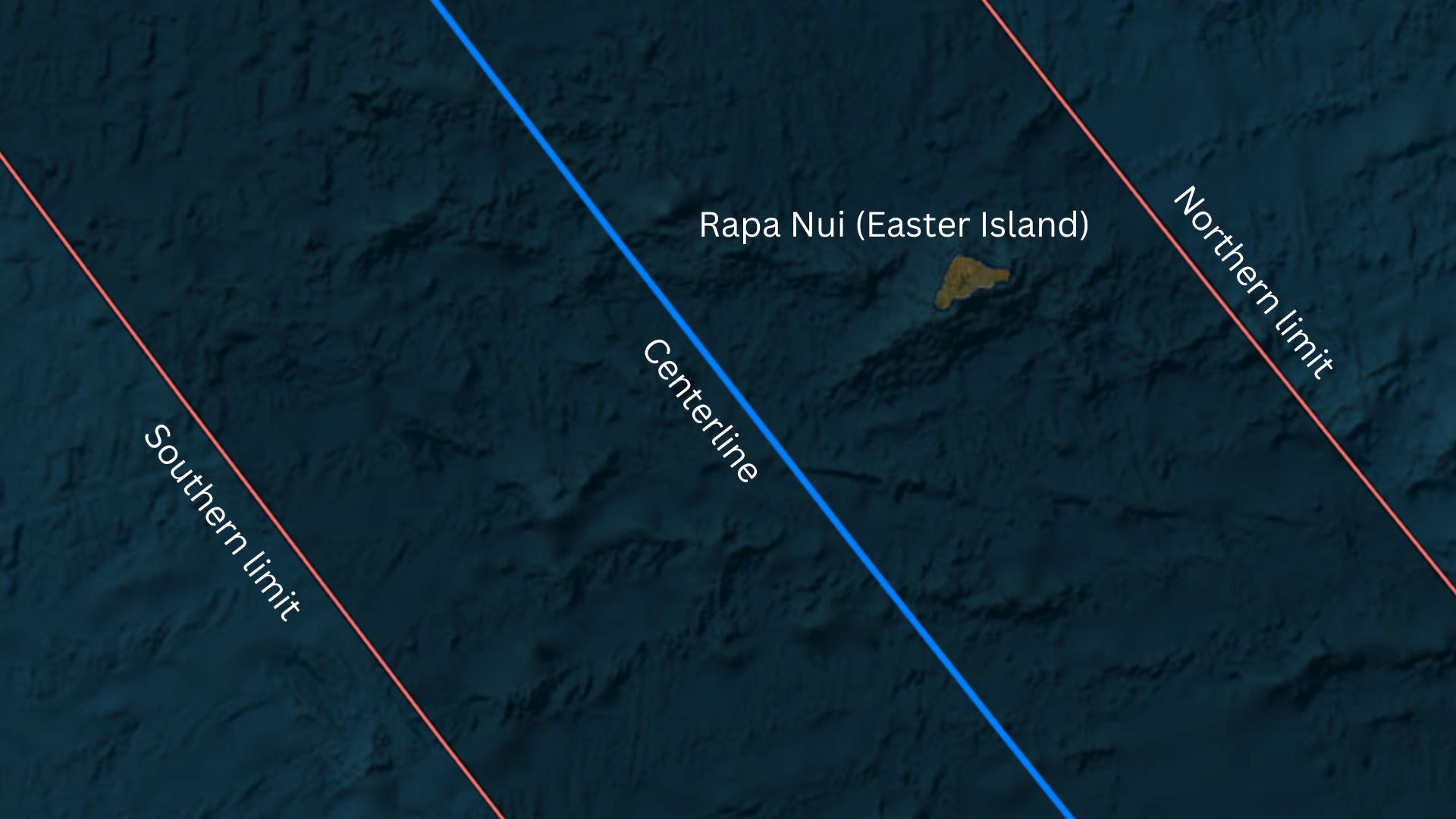 Mapa przedstawiająca całą wyspę Rapa Nui (Wyspa Wielkanocna) na pierścieniowej ścieżce zaćmienia słońca.