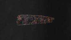 Side view of the blade of an 1,800-year-old iron knife with Danish runes that seem to spell out the word "hirila."