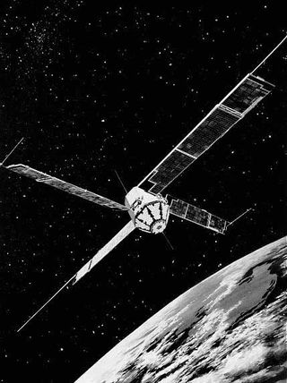 An artist's illustration of NASA's Explorer-27 Earth ionosphere satellite, also known as Beacon Explorer-C.