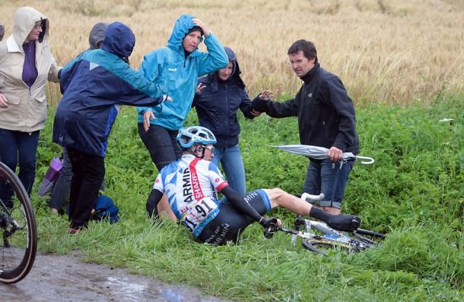 Andrew Talansky (Garmin Sharp) had a tumble off the cobbles