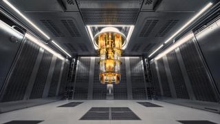 UK Quantum Computing Lab stock image with quantum computer in gold in centre with GPU and server racks lining outside of room.