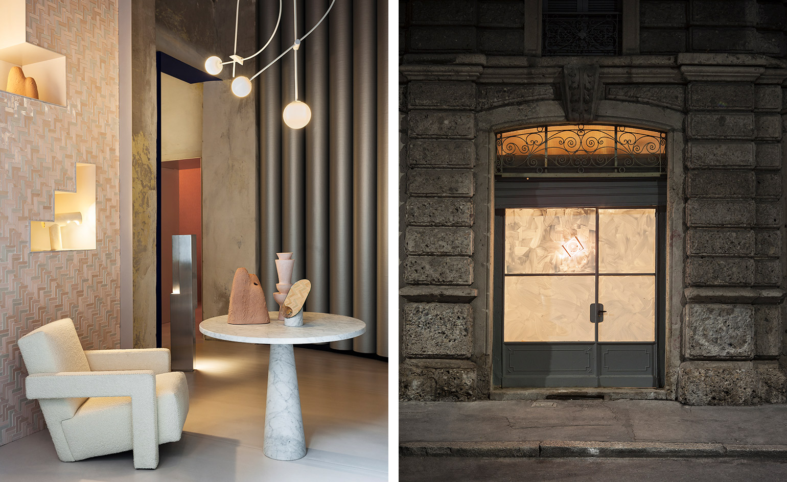 Two side-by-side photos of Club Unseen. The first photo is of the reception area featuring a white chair, a table with a white, round top and sculptures placed on it, a tiled wall with recessed shelving, a grey tubular wall and sphere lights hanging from the ceiling. And the second photo is of the club's exterior and the lights are on inside