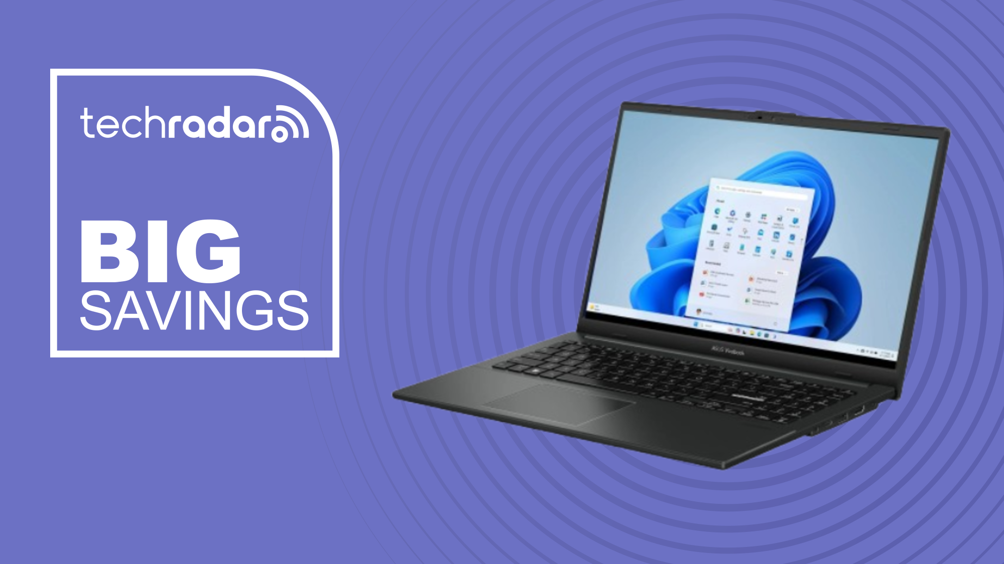 ASUS Vivobook Go on a purple background next to a TechRadar badge reading &#039;Big Savings&#039;