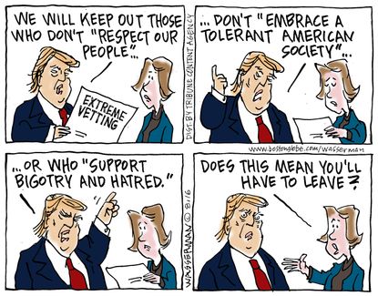 Political cartoon U.S. Donald Trump bigotry hypocrisy