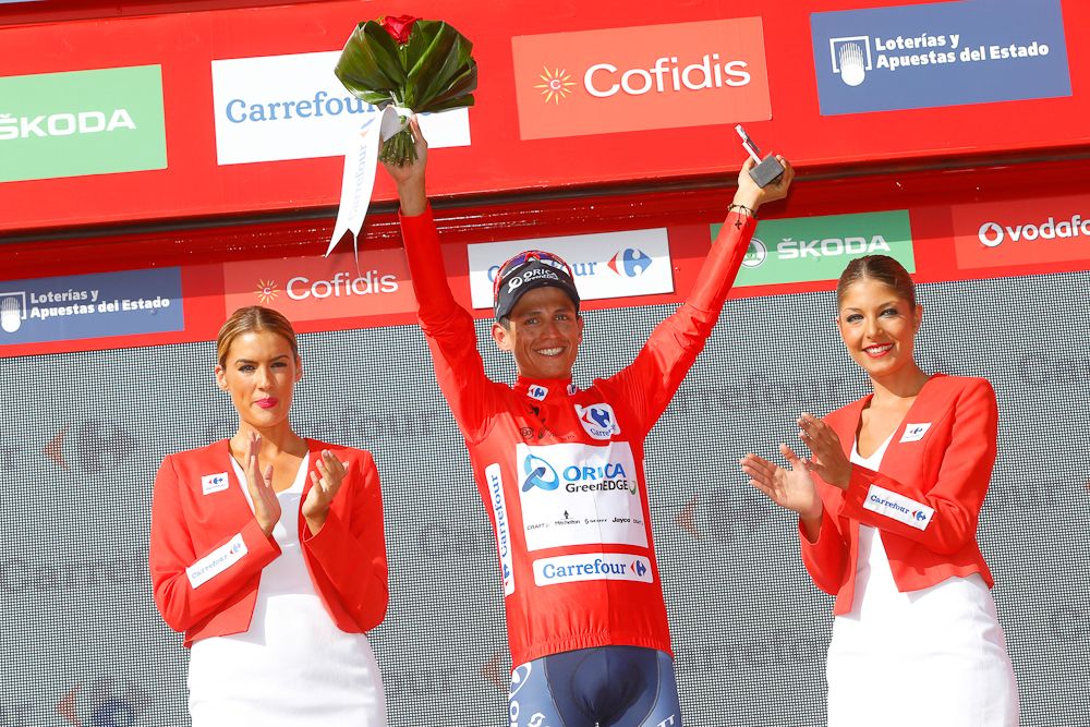 Esteban Chaves (Movistar) in the Vuelta's red jersey on the stage 7 podium.