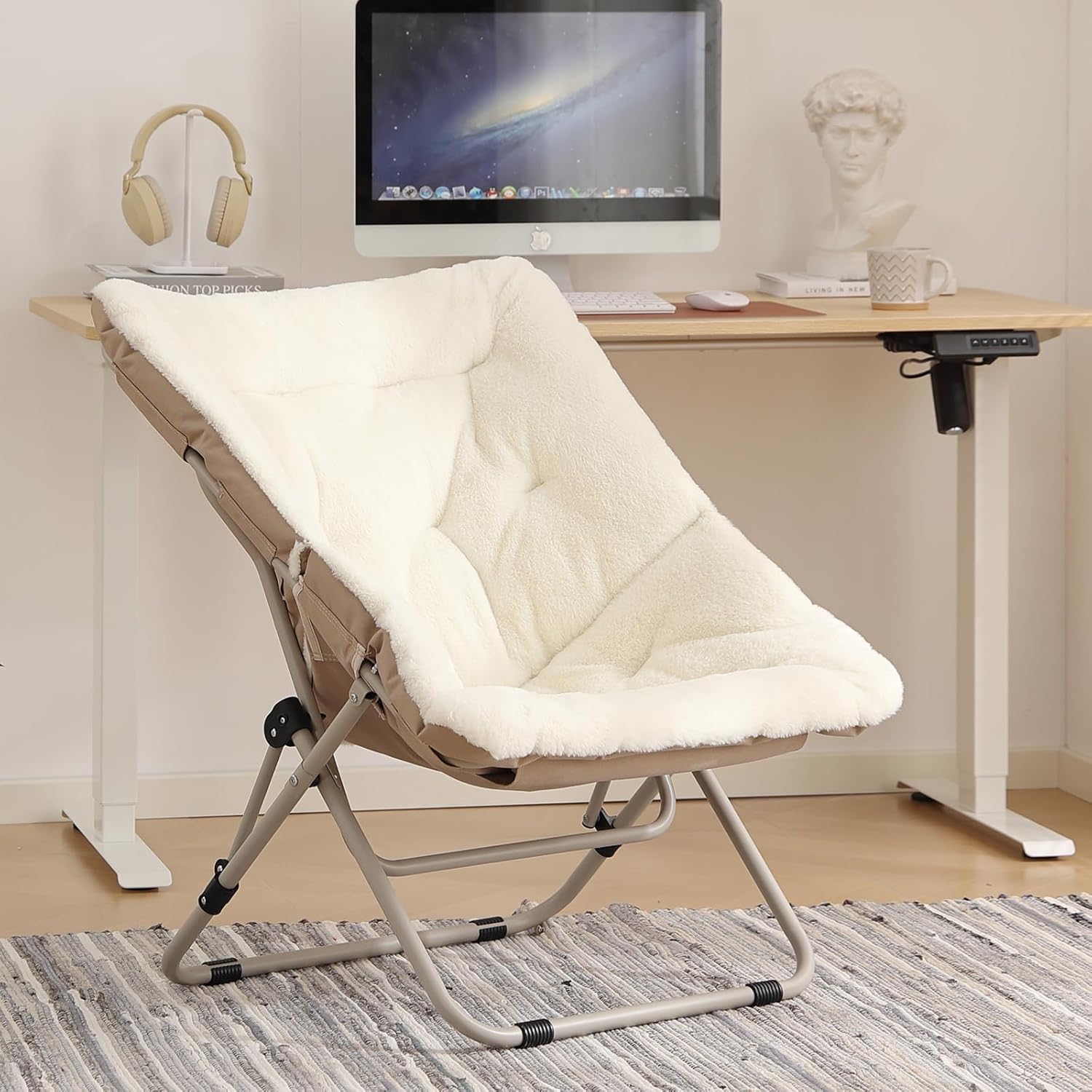 Yotating Saucer Chair, Comfy Faux Fur Chair Oversized Folding Soft Furry Lounge Lazy Chair Metal Frame Moon Chair Accent Chair for Bedroom, Living Room, Dorm Rooms, Beige