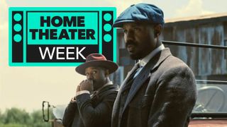 Michael B Jordan as Smoke and Stack in the movie Sinners, with a logo saying Home Theater Week