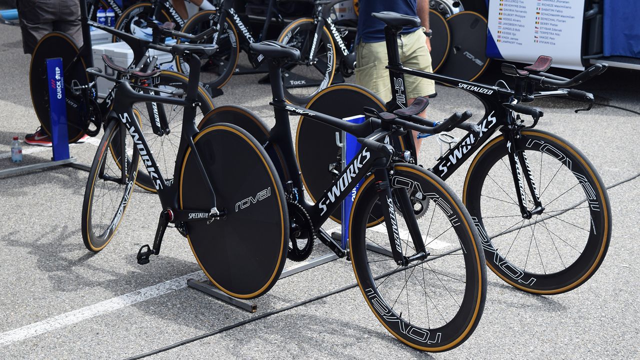 A few of the Quick-Step Floors S-Works Shiv time trial bikes
