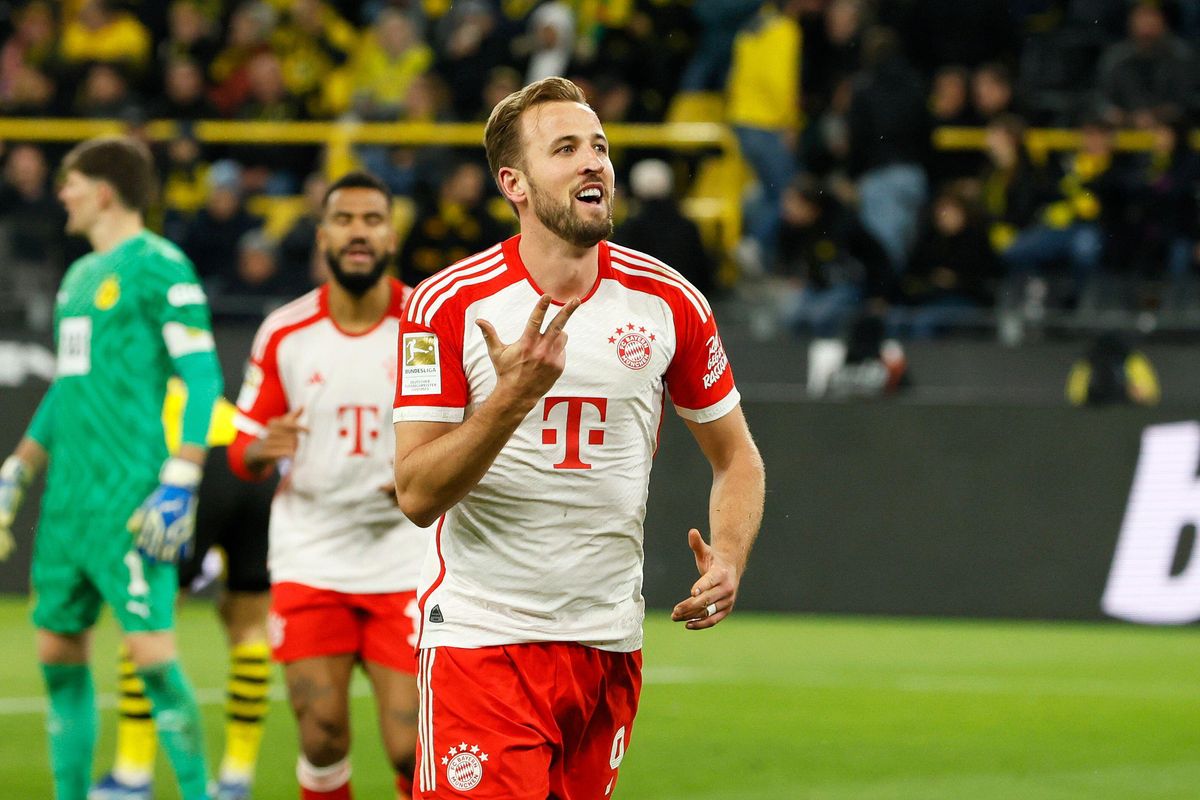 Harry Kane celebrates after scoring for Bayern Munich against Borussia Dortmund, November 2023