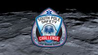 Before the shadowy backdrop of the lunar surface from high up, a teardrop shaped mission patch graphic reads 'south pole safety challenge, lunar rescue system'