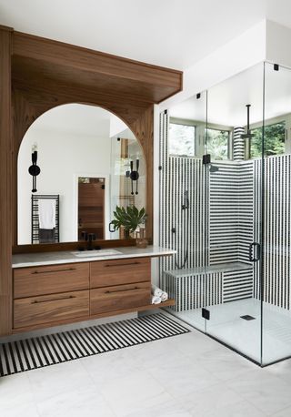 bathroom with striped shower