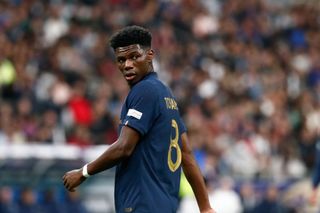 Aurelien Tchouameni #8 of France looks on during the UEFA Nations League League A Group 1 match between France and Austria at Stade de France on September 22, 2022 in Paris, France.