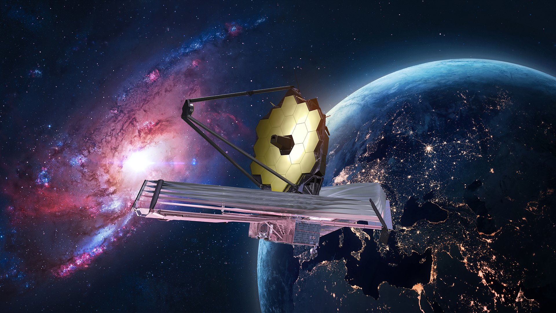 An illustration of the James Webb Space Telescope in outer space.