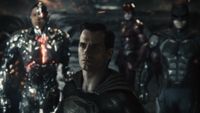 Superman with Cyborg, Flash, and Batman in the background in Zack Snyder's Justice League.